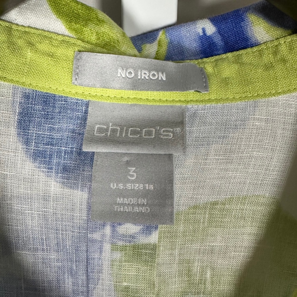 Chico's Blue Green Watercolor Floral No-Iron 100% Linen Button-up 16 XL Artsy - Picture 2 of 8